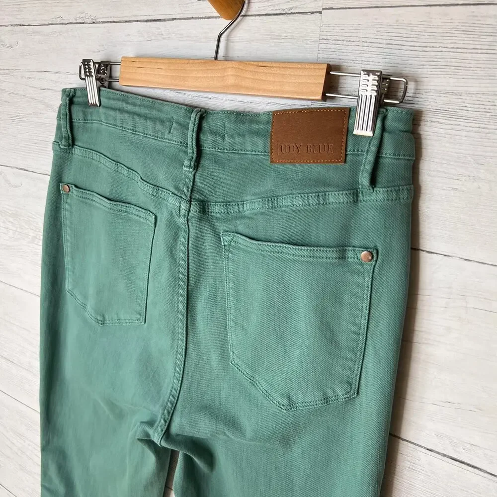 Judy Blue Jeans Womens Size 13/31 Green Garment Dyed Boot Cut Raw Hem - Picture 14 of 16